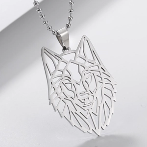 Macro detail of geometric hollow wolf head pendant in silver finish with ball chain necklace