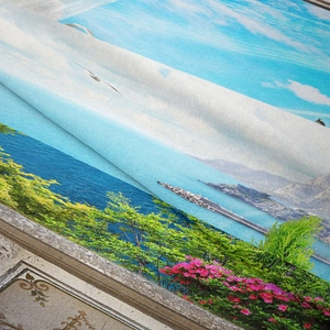 Detailed fabric texture of scenic wall tapestry featuring ocean and floral print
