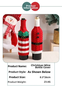 Detail view of festive knitted Christmas wine bottle covers with dimensions 8.5x26cm