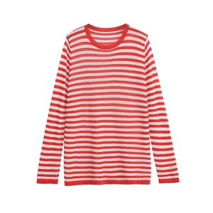 Classic red and white horizontal striped long-sleeve top with casual crew neck design