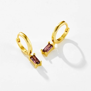 Elegant S925 sterling silver gold-plated earrings featuring rectangular purple zircon stones