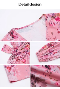 Dettaglio della tuta a fiori rosa con scollo a V, fiocco in vita e polsini elastici a manica