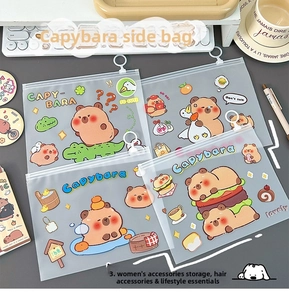 Detailed view of four different Capybara themed frosted transparent stationery zipper bags