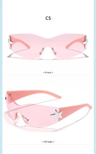 Front and side view of pink rimless kids sunglasses with silver star metal ornaments