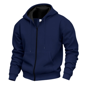 Detail of navy zip-up hoodie featuring 95% polyester blend fabric and ribbed cuffs