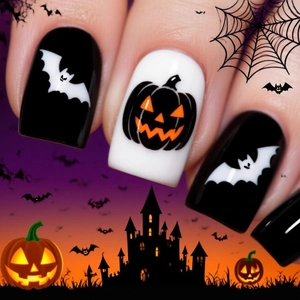 Halloween press-on nails featuring pumpkin and bat motifs against a spooky castle backdrop