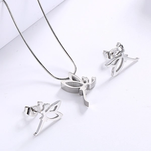 Silver fairy necklace and stud earrings set with hollow wings on white background