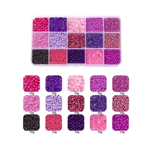 15-grid organizer box with 10g packs of pink and purple glass seed beads and bugles