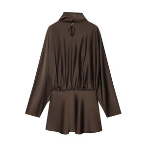 Elegant chocolate satin long sleeve mini dress with high neck and back cutout detail