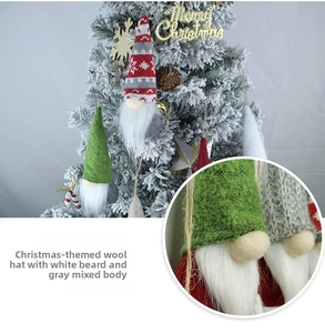 Close-up of wool gnome ornaments with knitted hats and white beards for Christmas decor