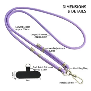 Purple 8mm adjustable crossbody phone lanyard with 150cm woven strap and metal hardware
