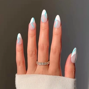 Press On Nails Long Almond White French Tip Light Blue Wave Pattern Glossy Chic Artificial False Nails