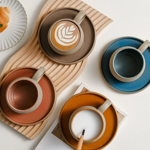 Japanese style ceramic coffee mug set with saucers in vintage stoneware textures