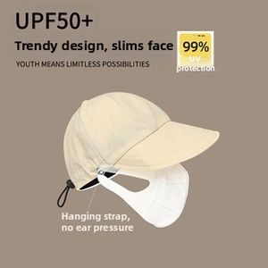 UPF50+ beige sun hat with detachable face cover and mask hook feature details