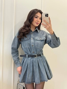 Short denim long-sleeve dress with waist belt and pleated skirt in light blue wash