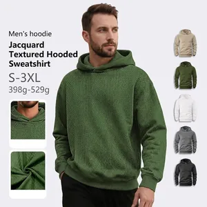 Men's Hoodie Jacquard Fabric Textured Long Sleeve Pullover Loose Fit Diamond Pattern Solid Color Casual Autumn
