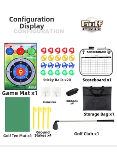 Vista de accesorios del set de juego de golf con alfombra de objetivo y bolas adhesivas