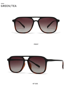 Front and side view of modern retro square pilot sunglasses with green tea gradient lenses