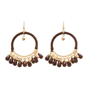 Bohemian drop earrings with brown rope wrap and teardrop beads on gold hooks