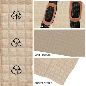 Detailed close-up of khaki waffle knit fabric collar, waist, and pocket craftsmanship
