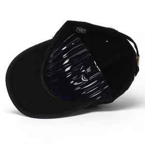 Black cotton baseball cap with adjustable metal buckle and interior stitch detailing
