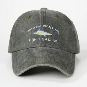 Washed dark gray baseball cap featuring colorful fish embroidery and Fish Fear Me text