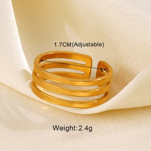 Gold adjustable open ring with triple-layered hollow lines and 1.7cm inner diameter