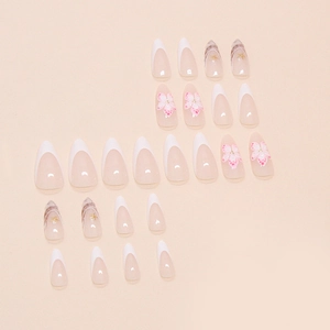 Französische Kunstnägel mit Kirschblüten und Goldsternen, 24-teiliges Nagelset