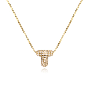 Detail of 3D bubble letter T pendant with clear zircons on a gold box chain