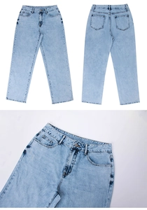 Détail d'un jean taille haute bleu clair avec délavage et poches classiques