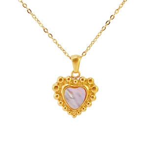 Französische Vintage Titanstahl Herz Halskette mit Rosa Muschel Inlay und Goldener Kette