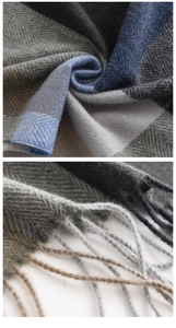 Close-up of soft herringbone pattern fabric and tassel fringe detail on men's scarf