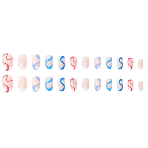 French round tips press-on nails with red and blue abstract lines 24pcs set