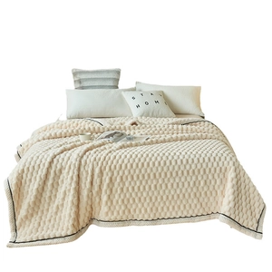 Thick milk velvet blanket in cream white with 3D bubble texture and black edge trim