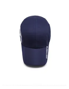 Top view of a dark blue quick-dry baseball cap featuring breathable grid texture and white side logo