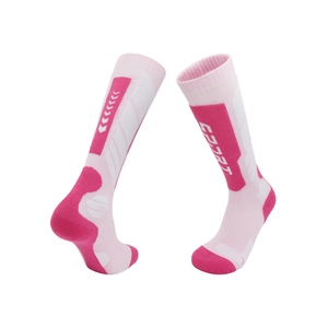Pink and white merino wool ski socks for women with professional thermal compression design