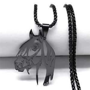 Unisex black stainless steel horse head pendant necklace with hollow design and metal chain