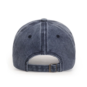 Adjustable vintage washed charcoal grey baseball cap with metal buckle on plain white background