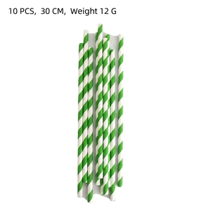 Set of 10 green and white striped football party straws made of premium paper 30cm long