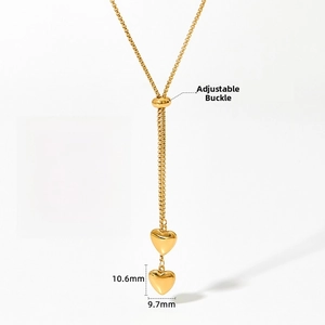 Detail of adjustable golden Y-necklace with heart pendants and 48+5cm chain specs