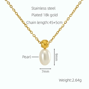 Detailed specs of stainless steel 18k gold necklace with 9x7mm drop pearl pendant