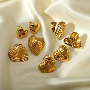 18k gold plated stainless steel heart earrings with smooth and wavy textured finishes