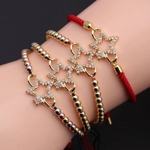 Adjustable Star Pendant Bracelet Copper Gold Plated With Zircon Handmade Braided Rope Jewelry For Women