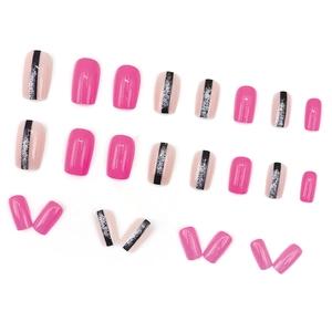Rose pink and nude square press-on nails with black stripes and silver glitter accents