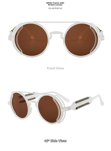 Steampunk sunglasses featuring white round frames and industrial metal spring temples