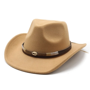 Western cowboy style wool felt hat in camel with decorative band and metal detail