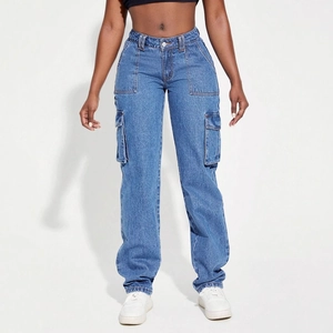 Detail of high-waisted blue cargo denim jeans featuring multiple utility pockets and straight leg