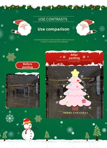 Close-up of pink Christmas tree window stickers with snowflakes and festive stars