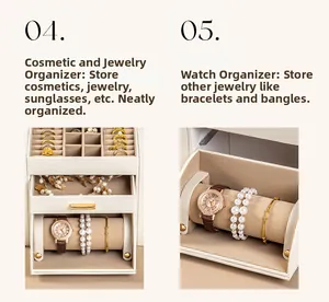 Multi-layer jewelry box detail showing velvet ring slots and watch storage compartments