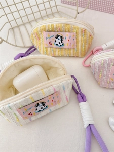 Cute tweed shell earphone case with dalmatian patch and colorful carabiner clips